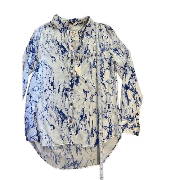 Lemlem Hana Blue white marbled pattern 100% Silk blouse sz small - Picture 5 of 9